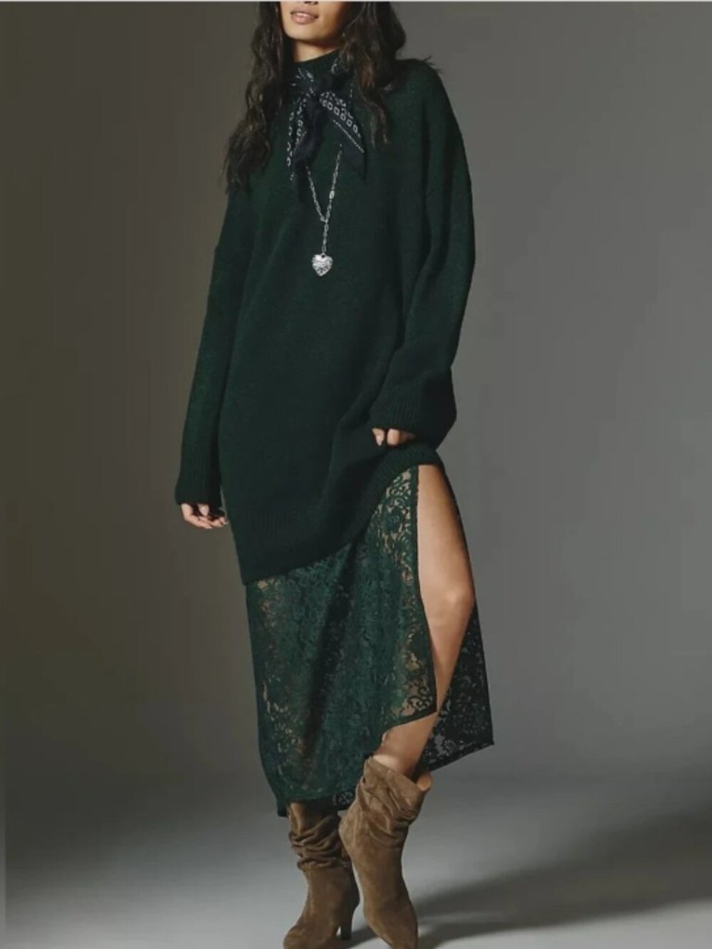 NWT Anthropologie Sweater Lace Twofer Midi Dress in Green 2 Pc Set